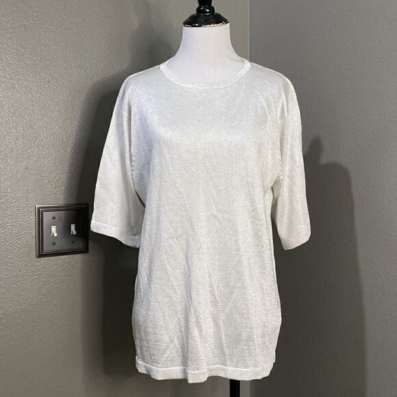 Vintage Jacqueline Ferrar Metallic Silver Short Sleeve Knot Sweater Top - Picture 10 of 10